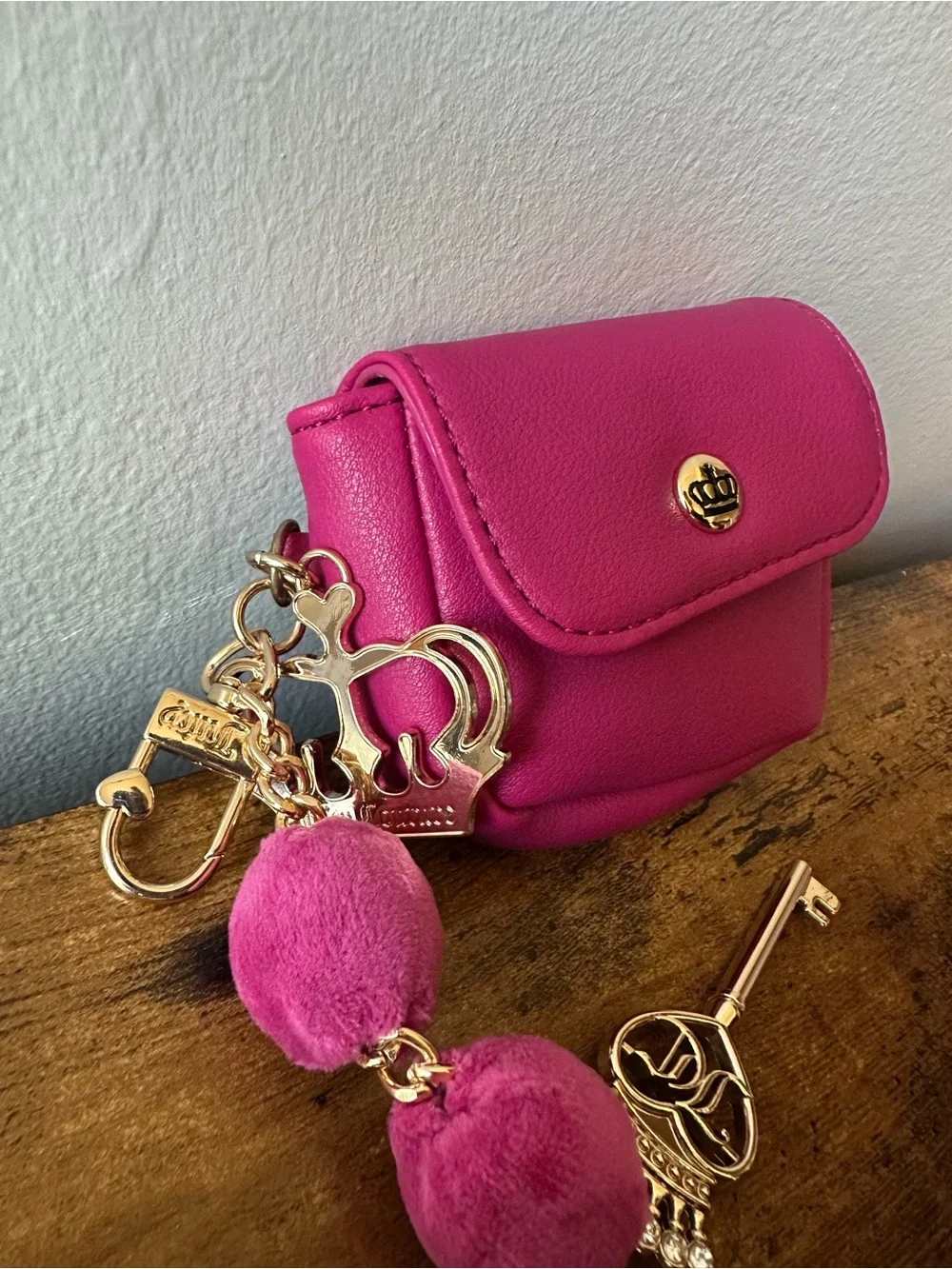 Juicy Couture Hot Pink Mini Coin Purse Keychain Bag Charm w/ Crown, Tassel NWOT
